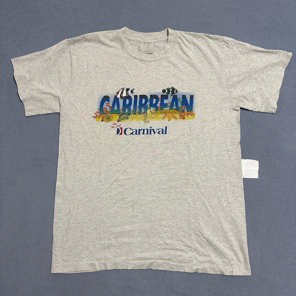 Vintage Carnival Cruise Line Caribbean Graphic T-Shirt Single Stitch Gray Men XL
